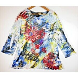 Jess and Jane Shirt Womens 1X Abstract Floral Artsy Ruffle Layered Top USA Made